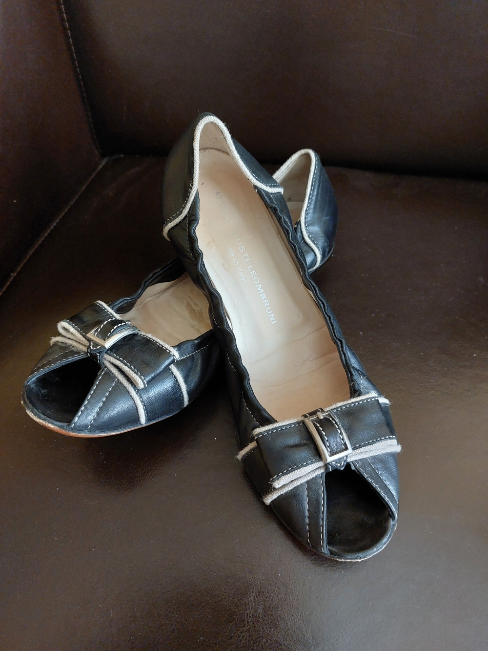 Attilio Giusti Leombruni Black Peep-Toe Flats with White Trim
